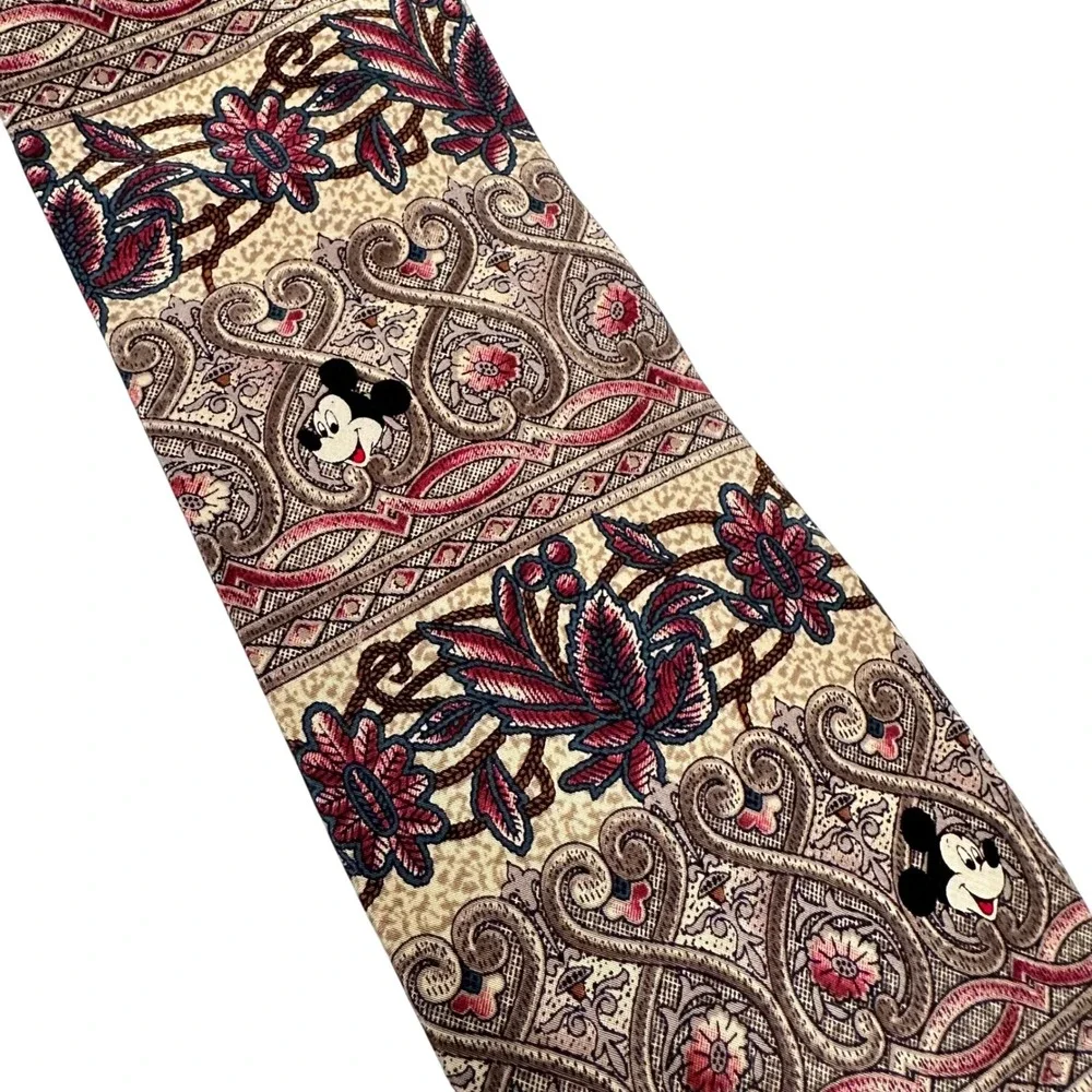 Mickey Inc Disney Mens Silk Tie Vintage Paisley Floral Burgundy Tan Mickey Mouse